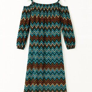 Cato Plus Chevron Midi Dress - Teal Brown Cream Zigzag Cut-Out Shoulder 22W/24W